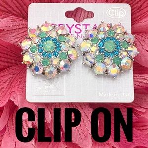 AB Iridescent Aqua Blue Rhinestone Clip On Earrings
